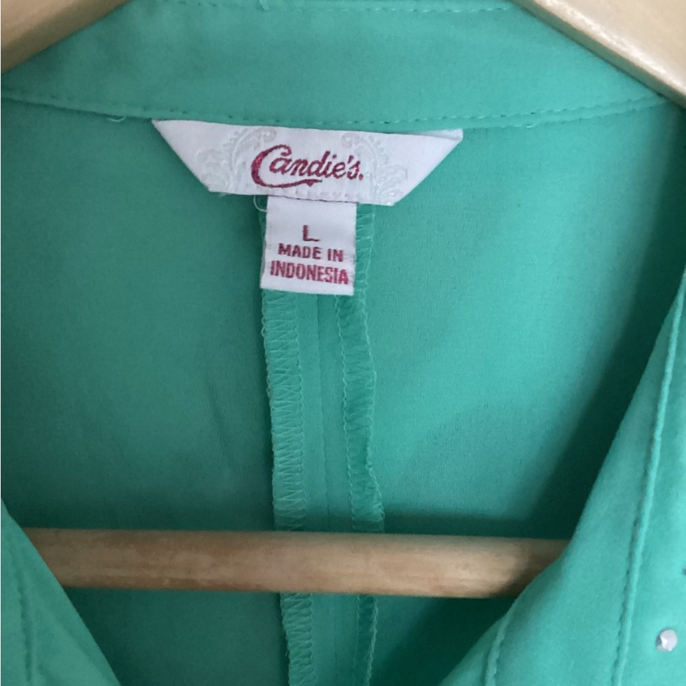 Candie’s blouse L sheer turquoise green EUC bejeweled collar long sleeve - Picture 3 of 7